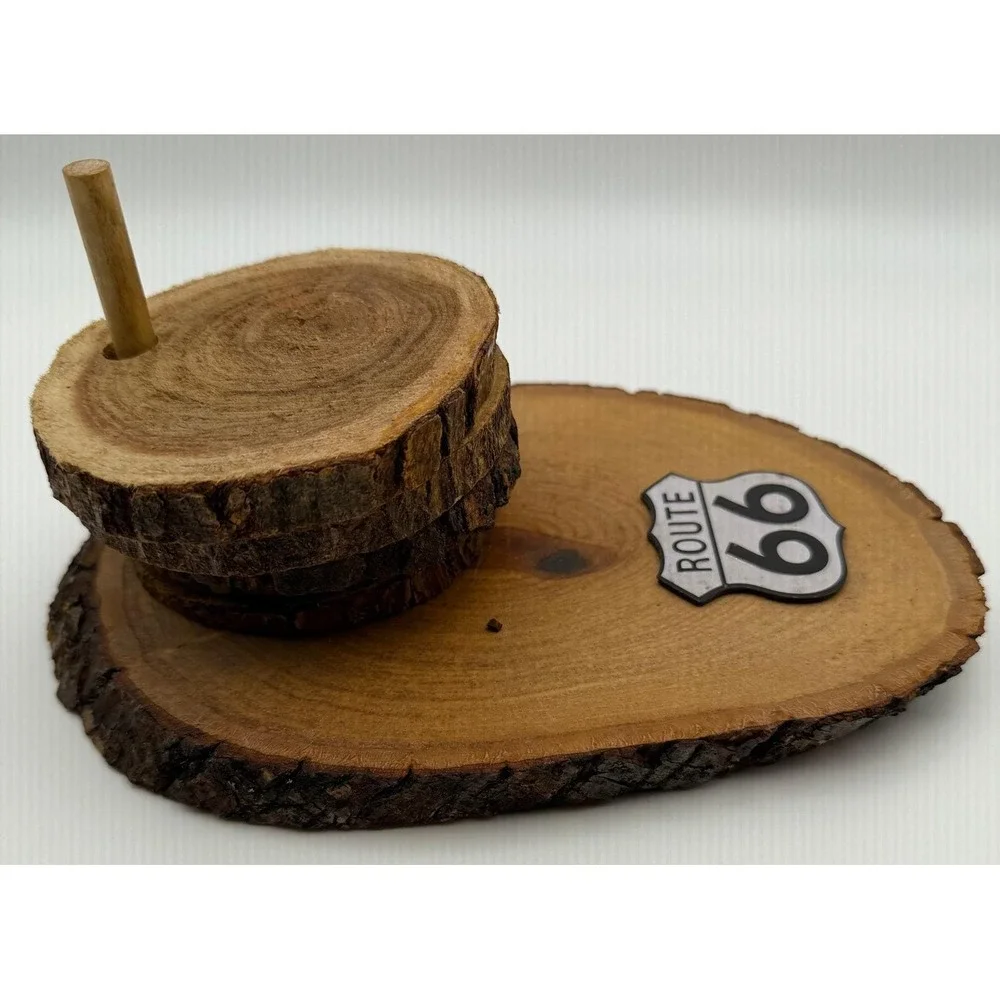 Route 66 Live Edge Wood Coaster Set with Holder‎ Rustic Americana Decor 5 Piece